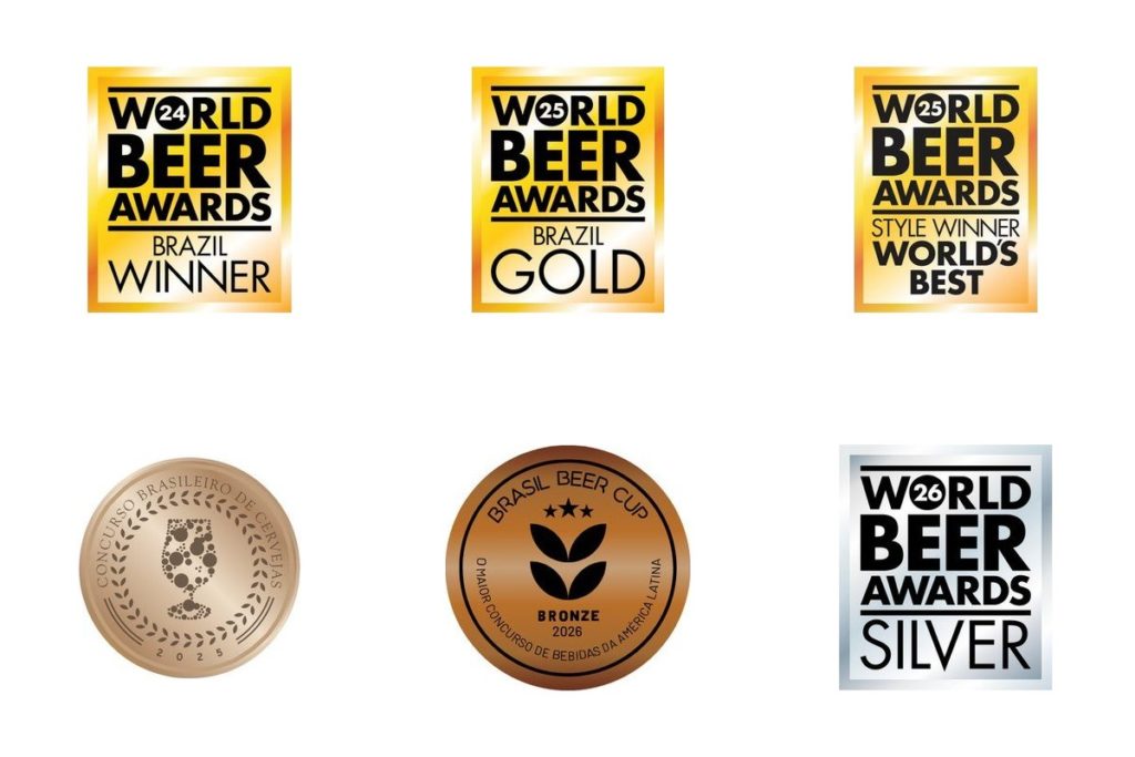 Selos das seis medalhas da Antonieta Porter no World Beer Awards, no Concurso Brasileiro de Cervejas e na Brasil Beer Cup